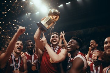 Multiracial men's basketball team celebrates victory with medals, trophy and confetti