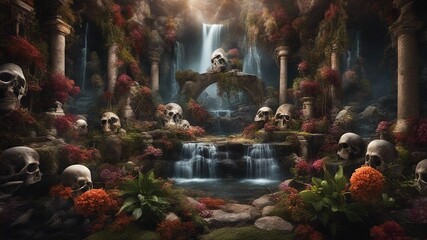 fountain in the park Horror mural of a haunted landscape, with wilted flowers, thorns, bones, skulls,   - obrazy, fototapety, plakaty
