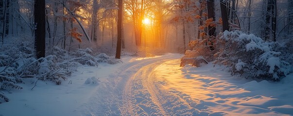 A winter road through a forest, captured at sunset with the sun's rays piercing through the trees, creating a serene and picturesque scene
