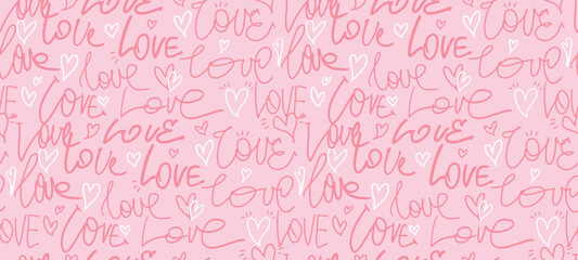 Seamless lettering pattern with hearts and text Love. Vector illustration with hearts ornament. Valentines day wrapping paper. Cover hearts print. Typography calligpraphic pattern.