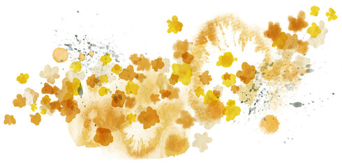 Watercolor floral background with yellow flowers. PNG transparent digitally hand painted illustration