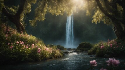 waterfall in the mountains Fantasy  Beusnita Waterfall of magic, with a landscape of enchanted trees and flowers,  