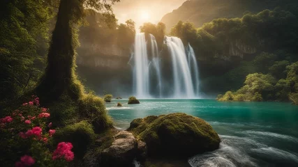 Zelfklevend Fotobehang waterfall in the forest Fantasy waterfall of magic, with a landscape of enchanted trees and flowers, with a Ban Gioc waterfalls © Jared