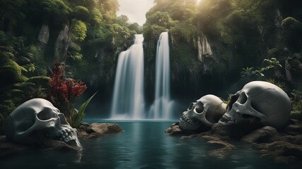 fountain in the park Horror waterfall of madness, with a landscape of twisted rocks and skulls, with a waterfalls - obrazy, fototapety, plakaty