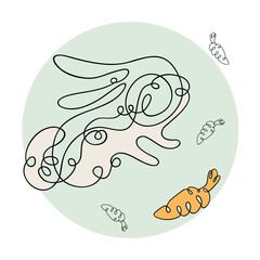 Vector linear image of a rabbit and a carrot. Modern art of continuous lines, aesthetic contour.