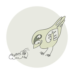 Vector linear image of a sparrow bird and a caterpillar. Modern art of continuous lines, aesthetic contour
