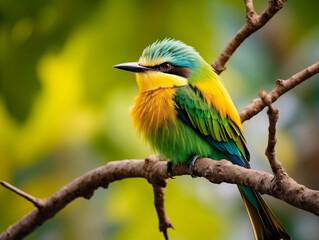 Naklejka premium a bird in yellow and green colors on the tree branch