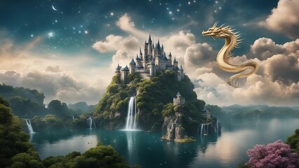 landscape of the lake Fantasy waterfall of stars, with a landscape of floating islands and clouds, with a dragon and a castle 