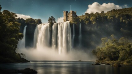 falls at night under a castle Fantasy waterfall of stars, with a landscape of floating islands and clouds,  
