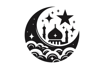 Obraz premium Ramadan Crescent moon & mosque illustration, Moon and Star illustration Design