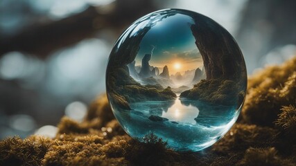 glass sphere on the beach ethereal fantasy concept art of masterpiece, best quality macro photo of   Dry Nur waterfall 