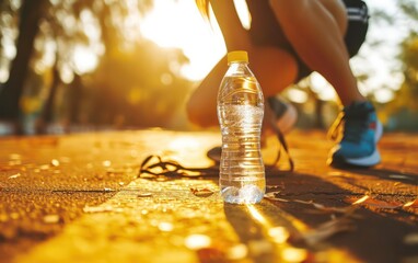 Woman tying her shoes before a run on a racetrack in the park with bottle of water in focus on a...