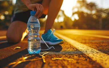 Woman tying her shoes before a run on a racetrack in the park with bottle of water in focus on a bright background, with a blurred image of a sporty. - obrazy, fototapety, plakaty