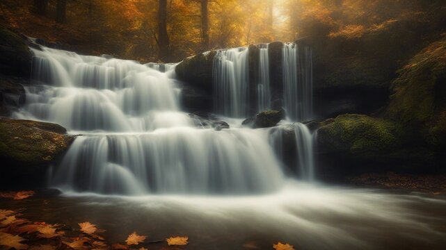 waterfall in autumn ethereal fantasy concept art of masterpiece,   macro photo of   Beautiful waterfall  