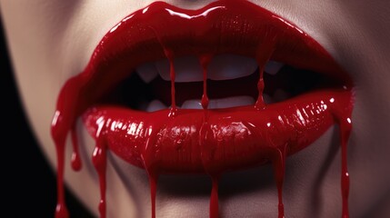 Woman lips with dripping blood. Fashion Glamour Halloween art design. Closeup of glamourous girl vampire mouth - obrazy, fototapety, plakaty