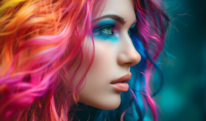 Obraz na płótnie Canvas Woman with bright makeup and bright hair with bright colors on her face. Lovely young woman with colored rainbow eyelashes, multi-color wig and bright makeup touches her face. Beautiful fashion model 