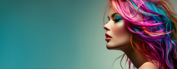 Woman with bright makeup and bright hair with bright colors on her face. Lovely young woman with colored rainbow eyelashes, multi-color wig and bright makeup touches her face. Beautiful fashion model  - obrazy, fototapety, plakaty