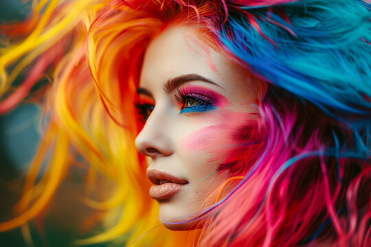 Woman with bright makeup and bright hair with bright colors on her face. Lovely young woman with colored rainbow eyelashes, multi-color wig and bright makeup touches her face. Beautiful fashion model 