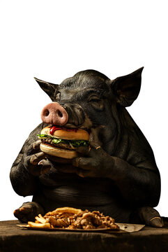 Fat pig eating a hamburger. Isolated transparent pen tool cutout PNG file. Concepts such as Glutton, Indulgence, Appetite, Overindulgence, Obesity, Sins of the Flesh, Temptation, Excess, Satire, Guilt