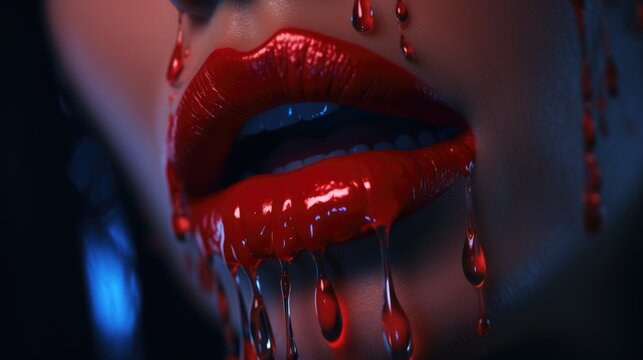 Woman lips with dripping blood. Fashion Glamour Halloween art design. Closeup of glamourous girl vampire mouth