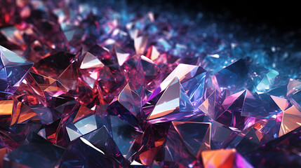 A constellation of 3D-rendered prismatic shards drifting in a virtual environment with a dynamic light play.