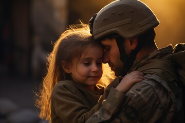 Fototapeta premium A soldier in military uniform hugs his daughter on the street, space for text. Family reunification.