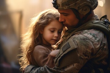 A soldier in military uniform hugs his daughter on the street, space for text. Family reunification. - obrazy, fototapety, plakaty