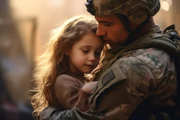 Foto op Canvas A soldier in military uniform hugs his daughter on the street, space for text. Family reunification. © inna717
