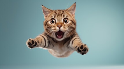 Obraz premium funny cat flies. photo of a playful cat jumping in the air and looking at the camera. background with copy space