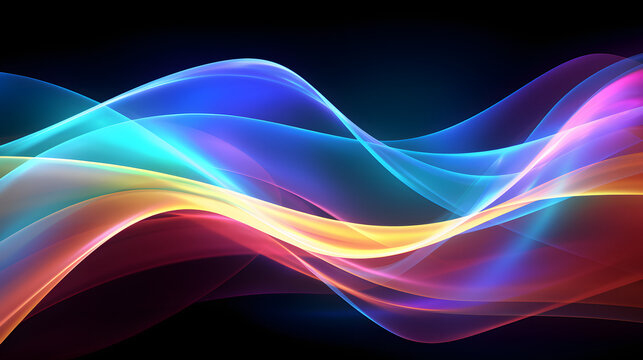 A digital visualization of 3D-rendered overlapping waves in a spectrum of neon colors simulating a light spectrum.