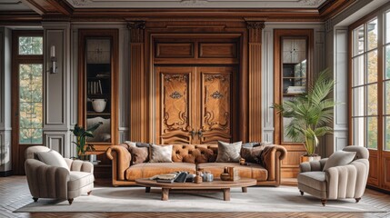 Fototapeta na wymiar Luxury living room with wooden doors, premium style. Neoclassic interior design.