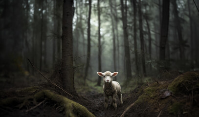 Little lamb lost in the forest at night looking at camera - obrazy, fototapety, plakaty