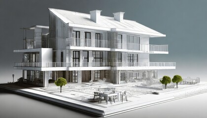 tiny section model of a townhouse in the modern generic contemporary style with blueprint elevations and cad features as a broad banner with text copyspace area - obrazy, fototapety, plakaty