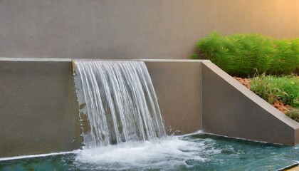 contemporary outdoor water feature for homes large banner featuring a waterfall fountain and copy space for ideas of garden and landscape design