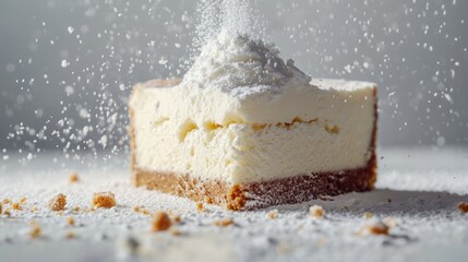 Food photography, cheesecake, dust explosion of powdered sugar, a minimalist white background - obrazy, fototapety, plakaty
