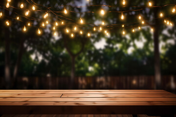Fototapeta na wymiar Wooden top table with bokeh light effect and blurred picnic background. Table top with copy space for product advertising.