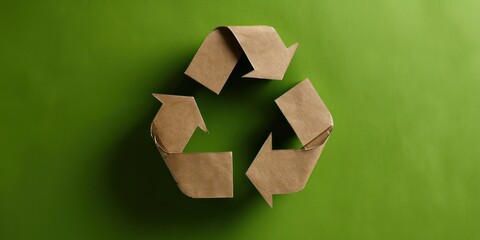 A recycle symbol creatively fashioned from craft paper, prominently displayed on a vibrant green background,