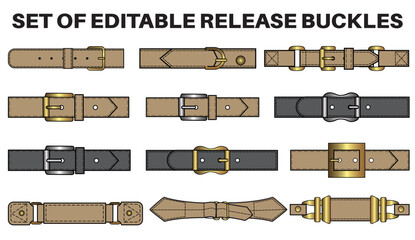 Belt flat sketch vector illustration set, different types belt with Frame buckle, snap buckle and ring buckles accessories for pants, waist band garments dress fasteners and Clothing belt