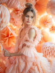 Peach color Model woman in carnival dress