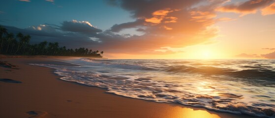 sea sandy beach. Panoramic beach landscape. tropical beach seascape. Orange and golden sunset sky, calm, relaxing sunshine, summer mood. Vacation travel banner
