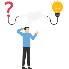 businessman on thinking bubble connect question mark to lightbulb solution. Problem solving skills, answer questions, creativity or imagination, critical thinking or finding solutions to solve problem
