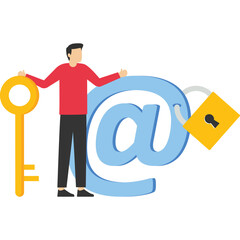 businessman standing with strong padlock security on email symbol. security system to defend against cyber attacks, data encryption technology concept, spam or data leak, email security protection.

