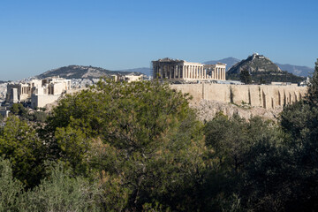 View of the Acropolis, Parthenon and Lycabettus Hill from Philopappos Hill in Athens, Greece