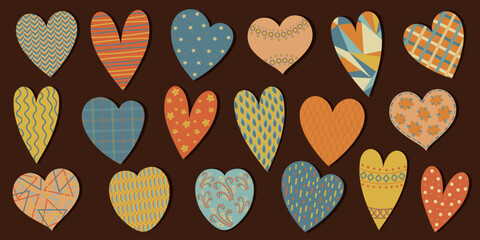 Set of retro hearts in vintage style with graphic ornament on brown background. Cottage core vector illustration for product design, Valentine’s Day decoration.
