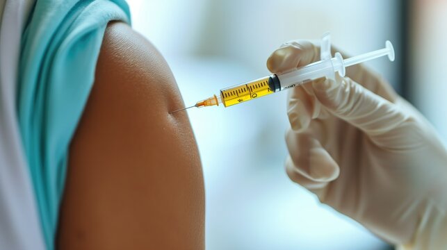 Close-up of a vaccine being administered to a patient's arm by a medical professional in a clinical setting