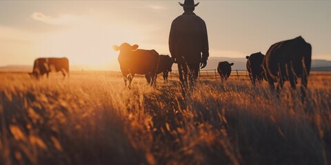 At Sunset, Man and Cattle Share a Peaceful Moment in a Farm Field, Embracing the Tranquil Beauty of Rural Life, Generative AI - obrazy, fototapety, plakaty