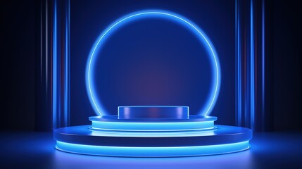 Abstract blue cylinder pedestal podium. Sci-fi blue abstract room with circle and balls glowing neon lamp lighting. Vector rendering 3d shape, Product display mockup. Stage showcase. Generative Ai