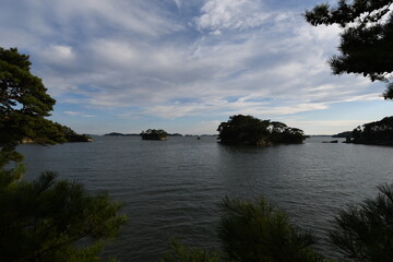 a body of water with some trees and clouds in the background