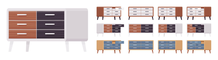 Drawer chest, dresser, nightstand storage bedroom big set. Closet, living room, entry table item for organizing. Vector flat style cartoon home, office furniture objects isolated on white background