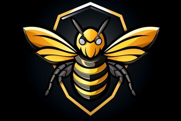Mascot logo featuring a honey bee with black background and emblem. Generative AI - obrazy, fototapety, plakaty